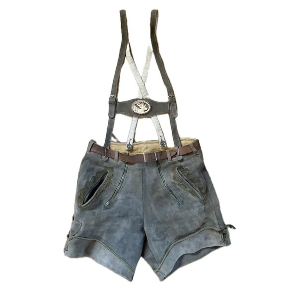 Vintage Green Suede Lederhosen Deer Crest Women's Oktoberfest Folk Costume - Picture 1 of 11